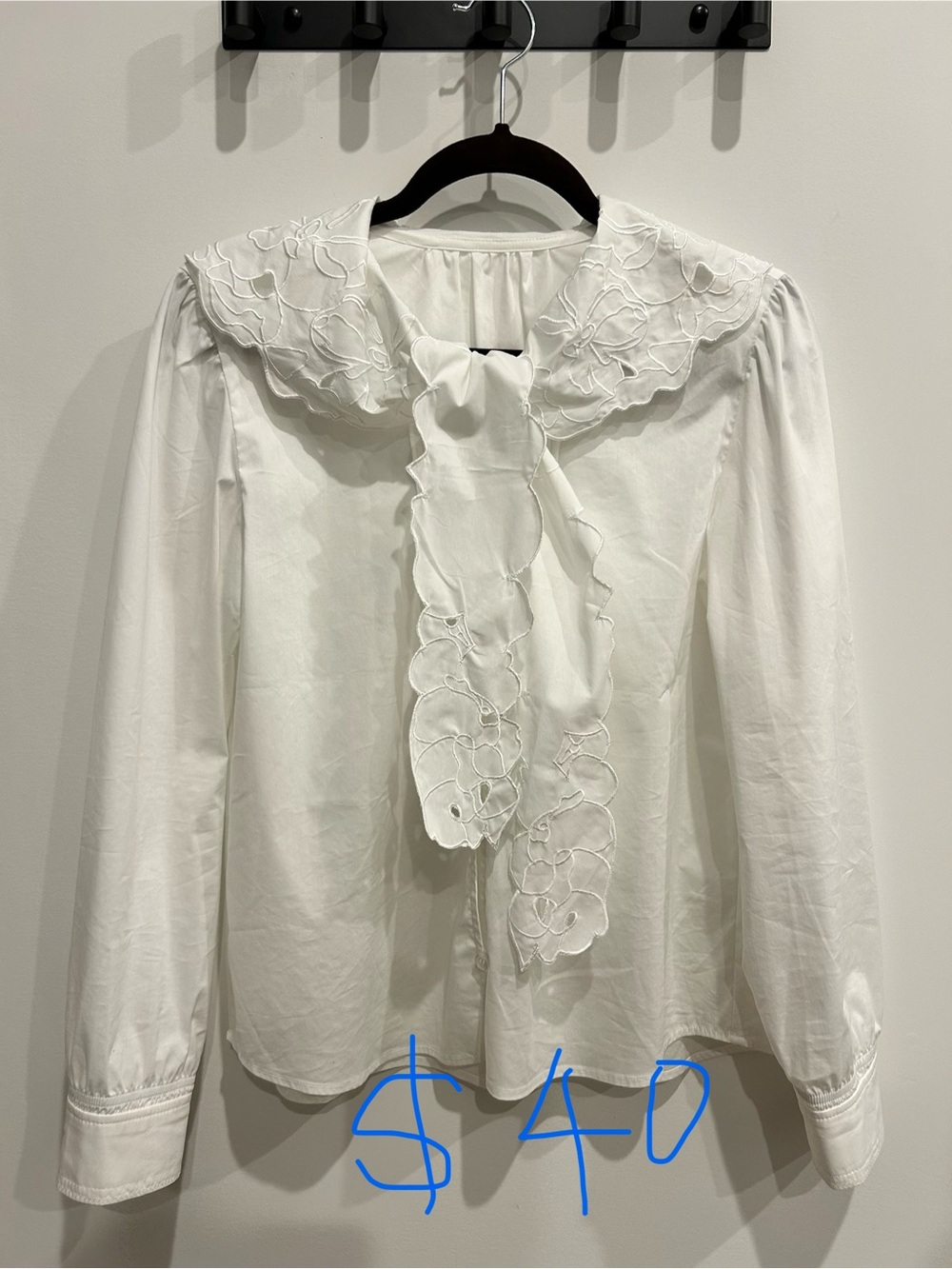 White Embroidered Tie-Neck Blouse - Women